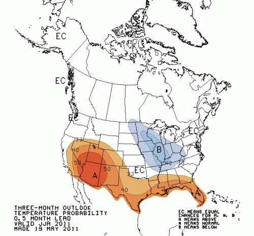 Climate Prediction Center's temperature forecast for June through August